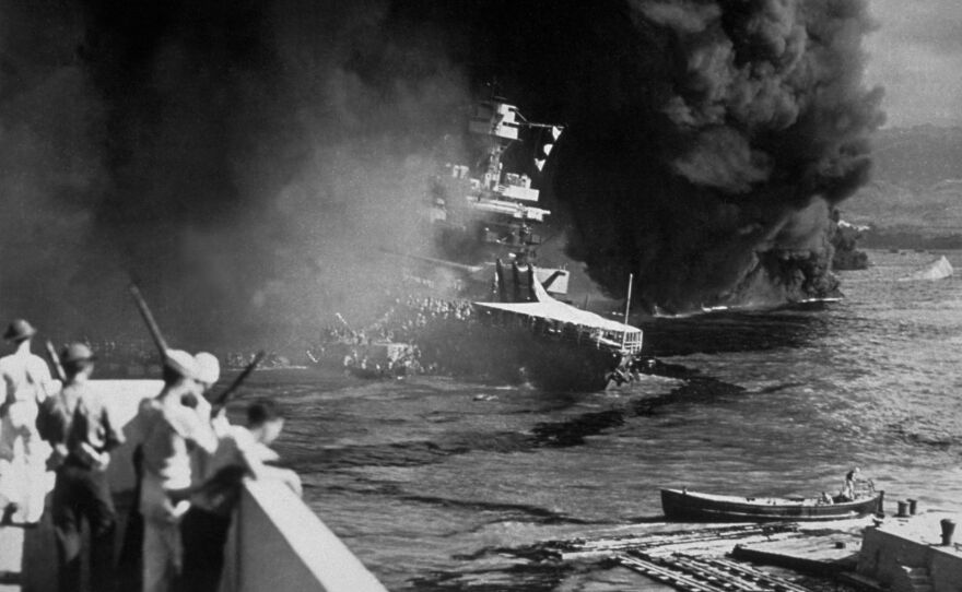 The USS California on fire in Pearl Harbor after the Japanese attack on December 7, 1941.