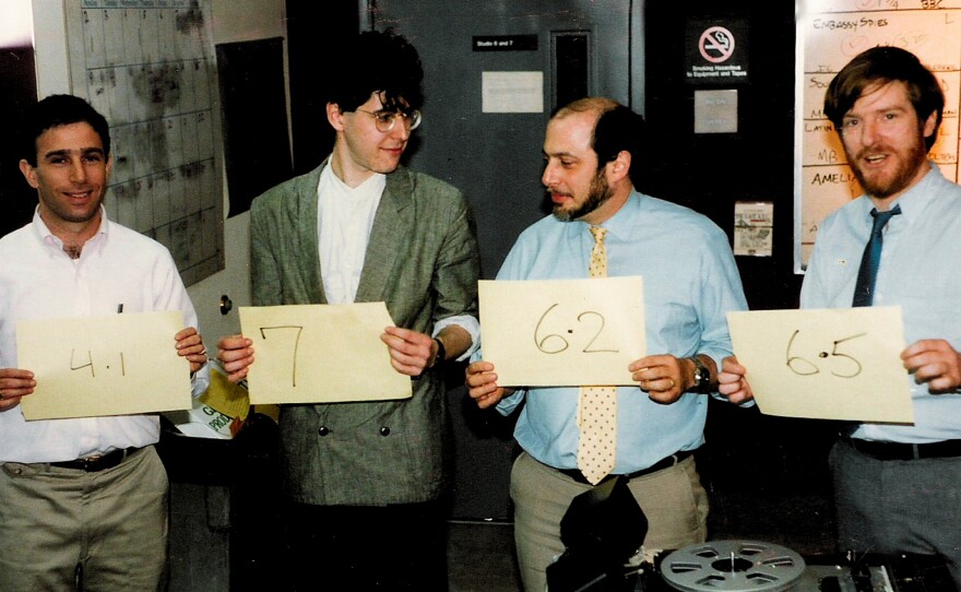 NPR's Richard L. Harris (from left), Ira Glass, Robert Siegel and Neal Conan are pictured in a light moment in 1986.