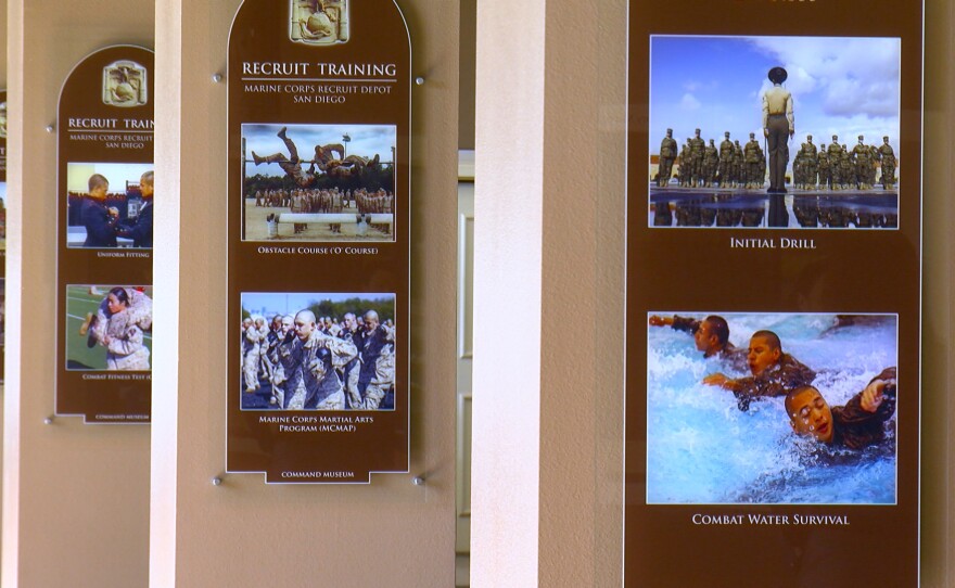 Pictures of marine recruits in training are shown in the downstairs gallery of the MCRD Command Museum on January 29, 2025.
