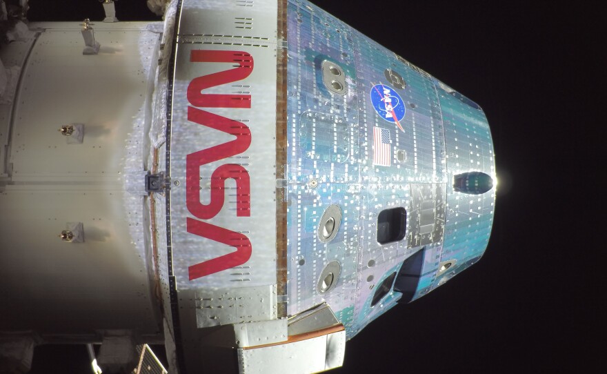 April 3: The exterior of the Orion spacecraft Integrity is seen during the Artemis II mission en route to the moon.