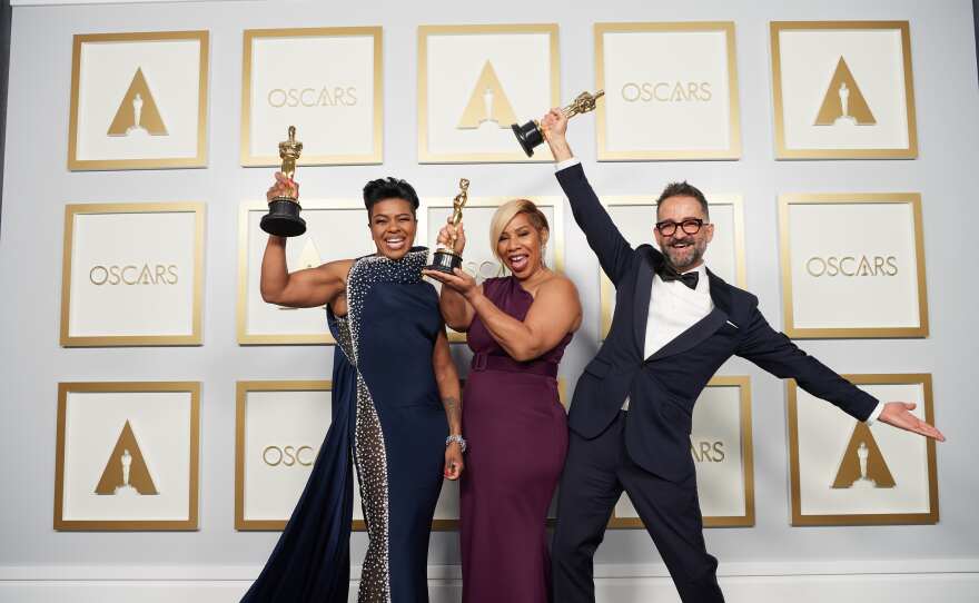 Mia Neal, Jamika Wilson and Sergio Lopez-Rivera pose backstage with the Oscar® for Makeup and Hairstyling during the live ABC Telecast of The 93rd Oscars® at Union Station in Los Angeles, CA on Sunday, April 25, 2021.