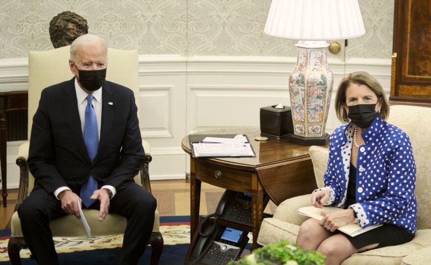 President Joe Biden, pictured with Sen. Shelley Capito of West Virginia on May 13, has ended talks with a Republican group she led on infrastructure.