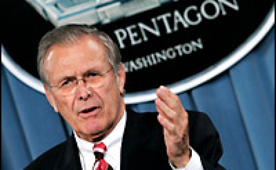 U.S. Secretary of Defense Donald Rumsfeld speaks during a news briefing at the Pentagon on April 11, 2006.