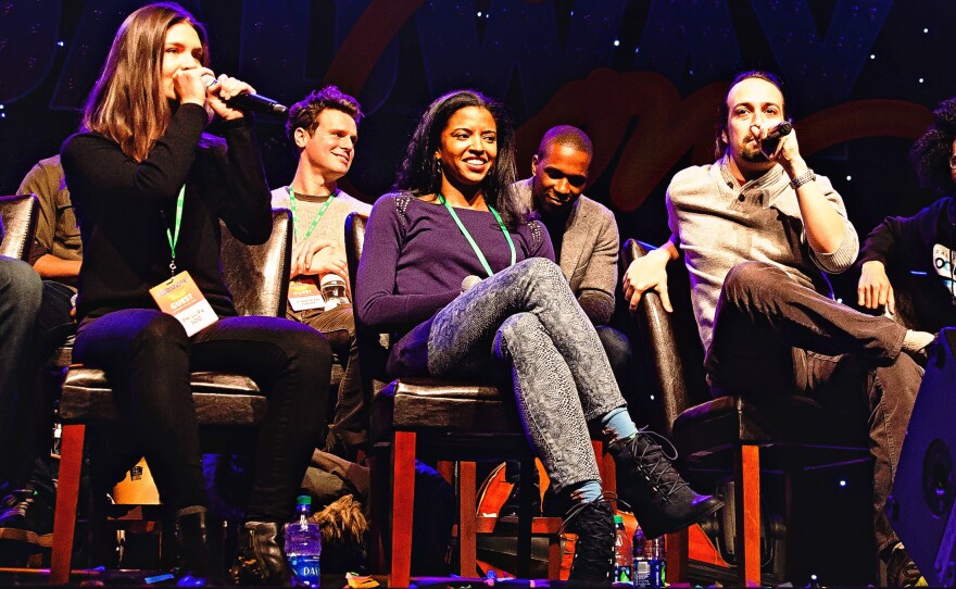 <em>Hamilton</em> creator and star Lin-Manuel Miranda does a freestyle rap about BroadwayCon while co-star Phillippa Soo lays down a beat.