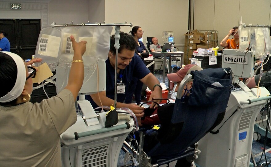San Diego Blood Bank employees assist blood donors with their donations on July 23, 2025 at the Manchester Grand Hyatt. San Diego, Calif.