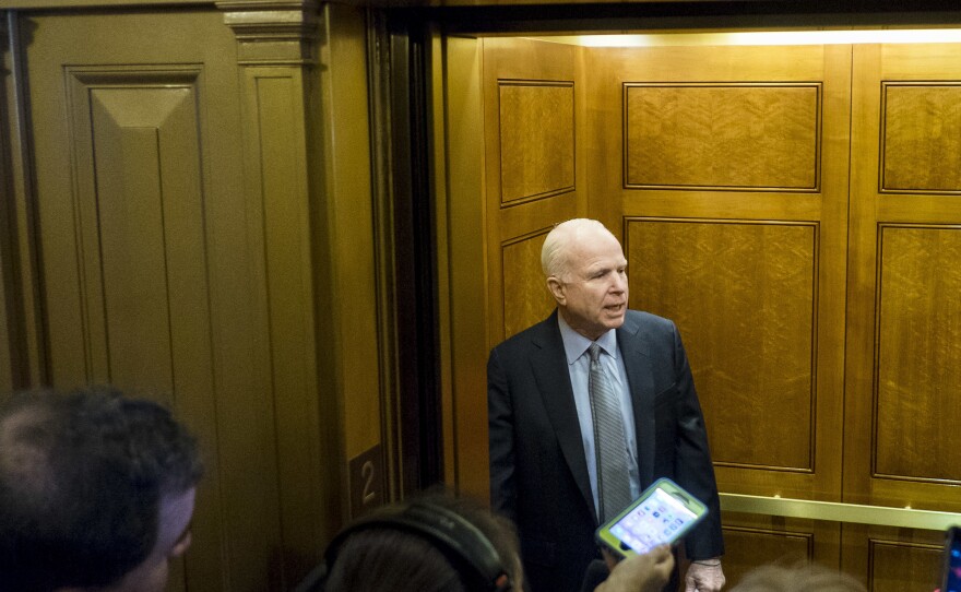 Sen. John McCain speaks to the media, March 16, shortly after President Barack Obama nominated Merrick B. Garland to the Supreme Court. McCain said that the confirmation of the next Justice should occur after the election. Now he vows to block Hillary Clinton's choice if she wins the election.