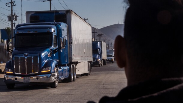 Trucks line up in Tijuana waiting to cross the border at Otay Mesa in this undated photo.