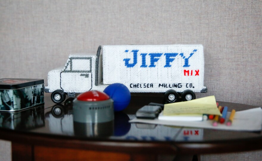 One of the many "Jiffy" themed toys, collectibles and trinkets that fill the offices of the Chelsea Milling Co.