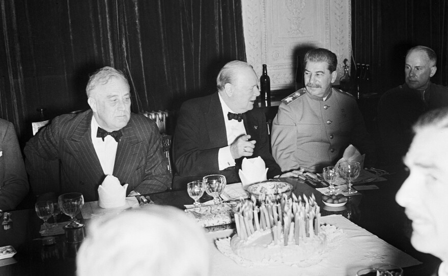 Churchill (center) celebrates his 69th birthday at a dinner party with President Franklin Delano Roosevelt (left) and Soviet leader Joseph Stalin at the British Legation in Tehran, Nov. 30, 1943. A great friend, Stalin would send Churchill caviar on his birthday — until they fell out over Churchill's Iron Curtain speech.