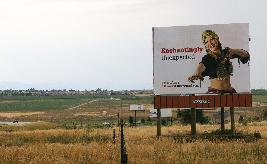 As part of its rebranding effort, Greeley has adopted the slogan "Greeley Unexpected," appearing on a billboard on Highway 34 in Weld County, Colo.