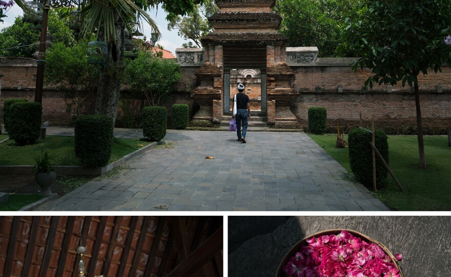 Top: Wahjudi Djaja walks toward the Kejawen cemetery in Yogyakarta to pray. Left: A chandelier hangs at the Kejawen cemetery. Right: Flowers are an important part of prayer rituals in Kejawen, a traditional Javanese religion.