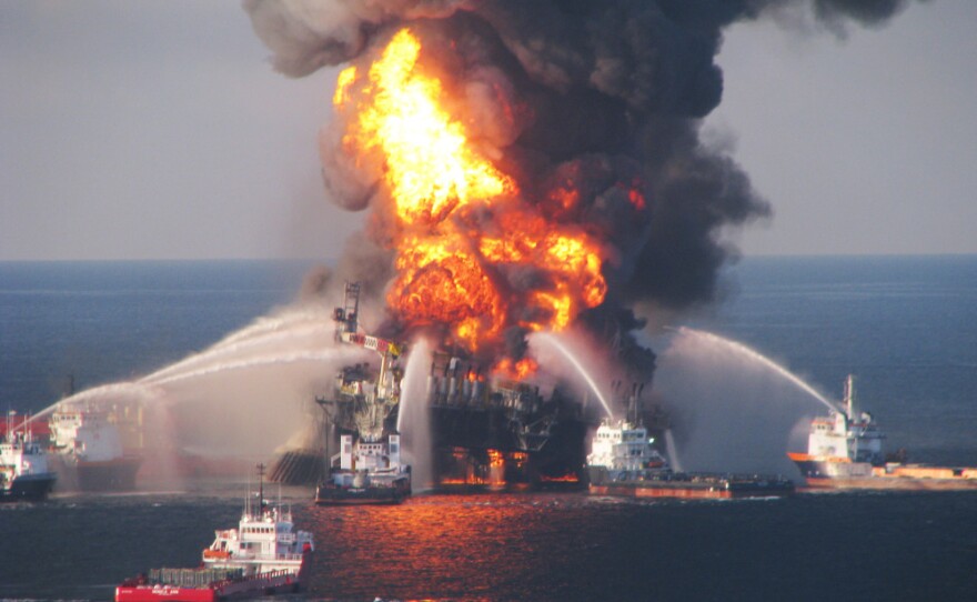 Fire boats battle a fire at the off shore oil rig Deepwater Horizon in April 2010.