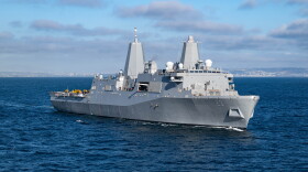 Amphibious transport dock ship USS Anchorage (LPD 23) steams in the Pacific Ocean, July 23, 2025.