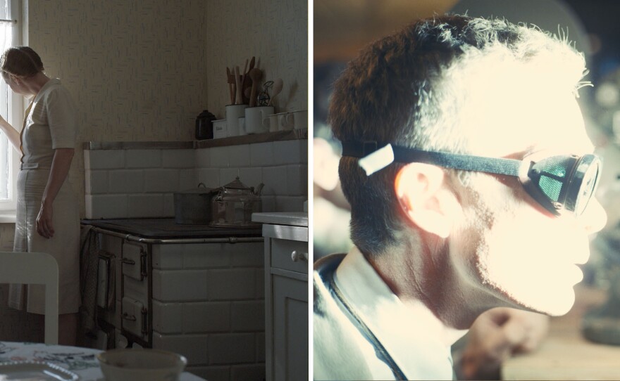 <em>The Zone of Interest </em>portrays life next-door to Auschwitz, left, and Cillian Murphy in <em>Oppenheimer.</em>