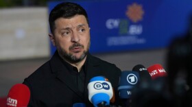 Ukraine's President Volodymyr Zelenskyy makes statements as he arrives for the EU Summit in Ayia Napa, Cyprus, Thursday, April 23, 2026.