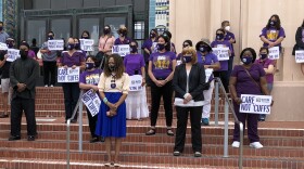 Members of Service Employees International Union, Local 221, at a news conference on Aug. 3, 2020, opposing Sheriff's Bill Gore's plan to outsourced in-house medical care for inmates to private contractors.