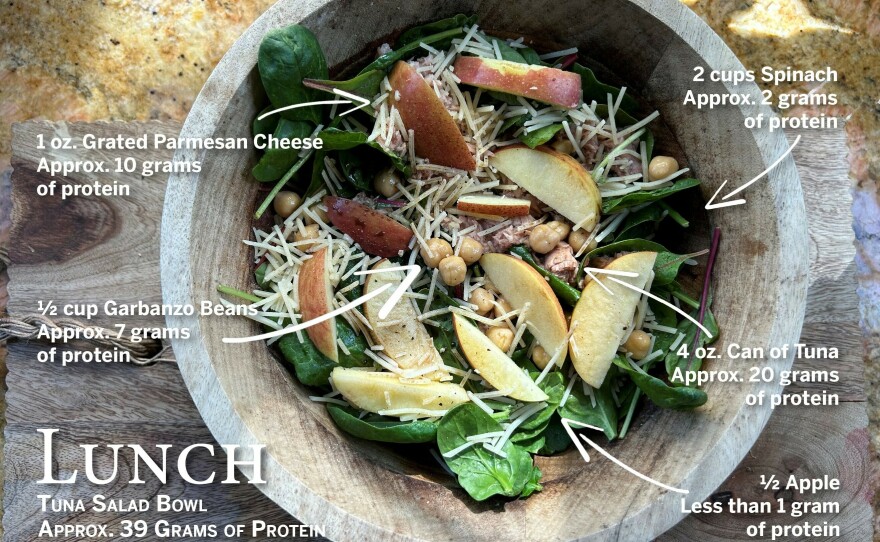 The parmesan cheese on this tuna and chickpea salad has a surprising amount of protein.