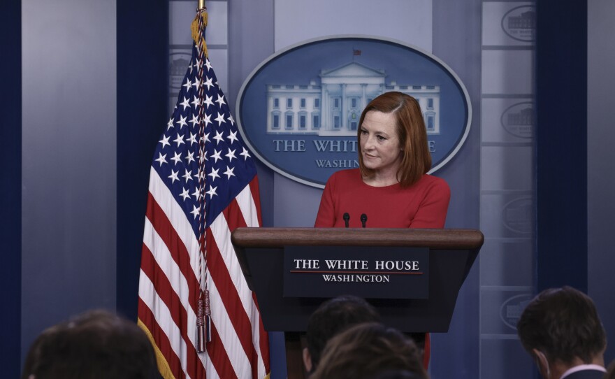 White House press secretary Jen Psaki speaks at a press briefing at the White House on Tuesday.