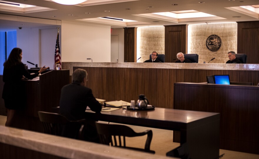 From left, Justices Gilbert Nares, Richard D. Huffman and William Dato of the California 4th District Court of Appeal listen to oral arguments by Guylyn R. Cummins, who represents inewsource in a suit filed by San Diegans for Open Government, April 14, 2017.
