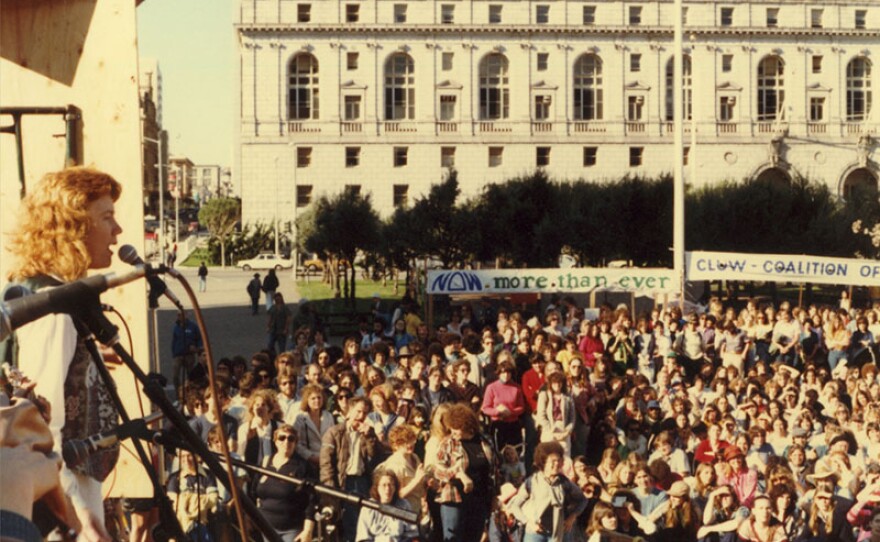 Holly Near at a rally in San Francisco circa 1970s.
