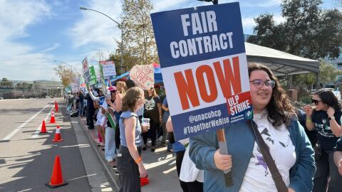 Members of United Nurses Associations of California/Union of Health Care Professionals at Kaiser Permanente in San Diego, walk the picket line on Feb. 5, 2026. The workers went on an open-ended strike over alleged unfair labor practices.