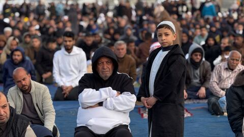 Palestinians gather in Gaza City to mark the end of Ramadan, the Muslim month of fasting, with Eid prayers. Israeli airstrikes prevented such gatherings last year and the year before during the war on Hamas.