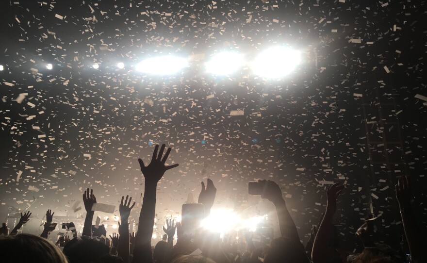 Confetti falls on fans at a concert at the Observatory North Park on April 19, 2018.