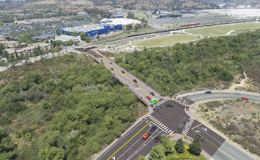 An undated rendering depicts the finished Fenton Parkway Bridge over the San Diego River in Mission Valley.