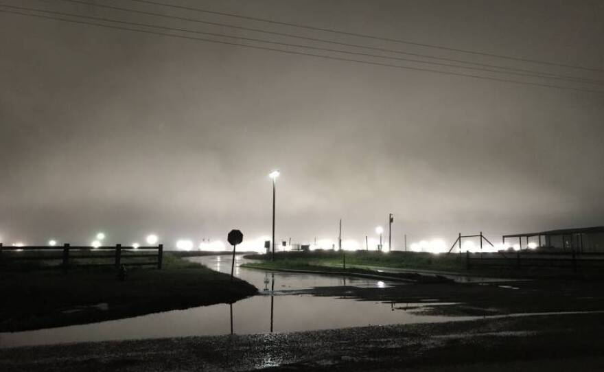 Floodlights illuminate the Immigration and Customs Enforcement family detention facility in Dilley, Texas, in this 2019 photo.