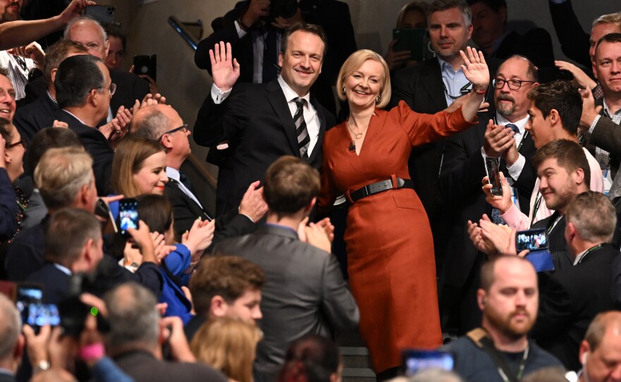 Prime Minister Liz Truss with husband Hugh O'Leary following her keynote speech on the final day of the Conservative Party Conference in Birmingham, U.K., on Oct. 5.
