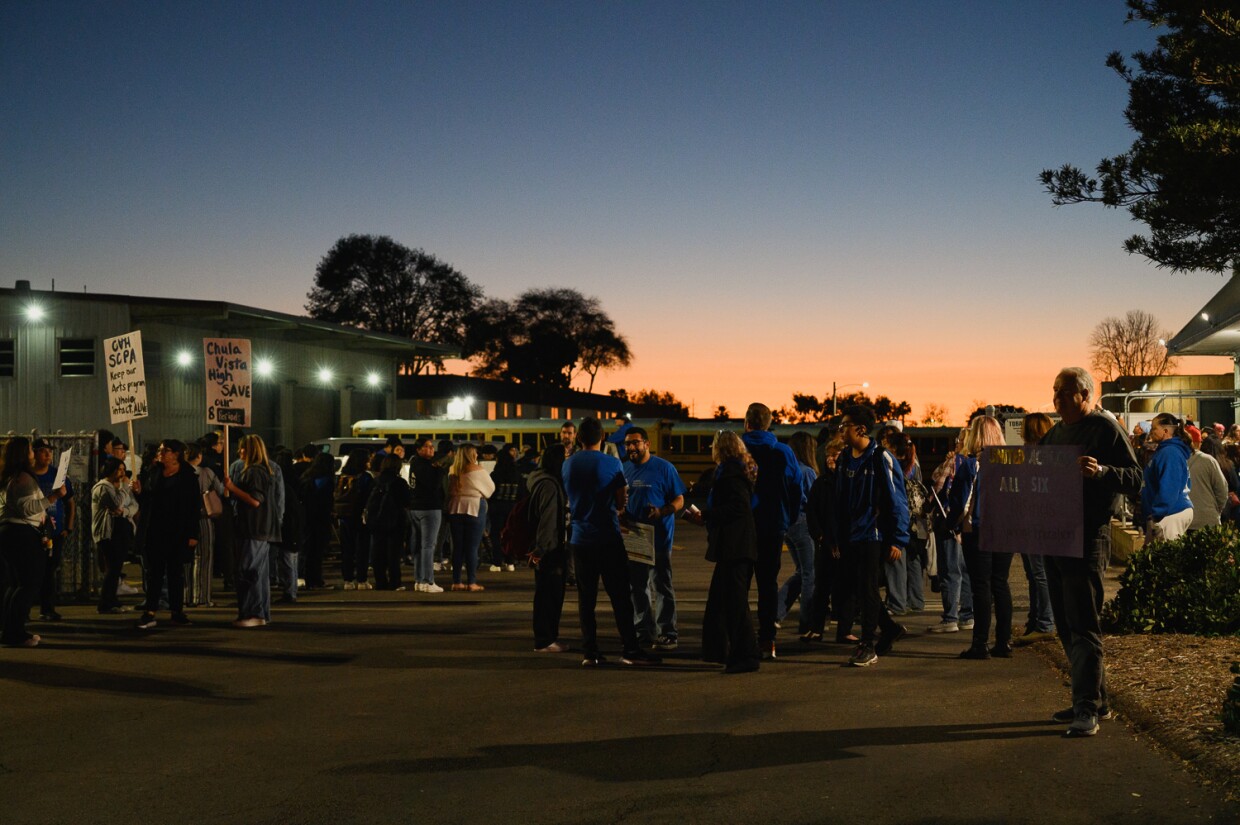 Chula Vista High School students, teachers, parents and community members rally outside the Sweetwater District board meeting in Chula Vista, California on Jan. 30, 2024. The school is facing rumored schedule changes and the loss of specialized teachers.