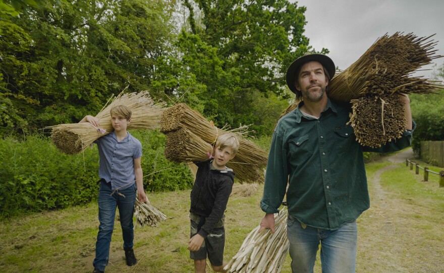Nick Walker and his two sons carry reed to start thatching a roof.