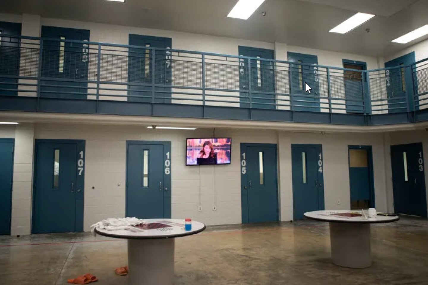 A row of cells in an inmate housing unit at the Tulare County Adult Pre-Trial Facility on Sept. 18, 2023.