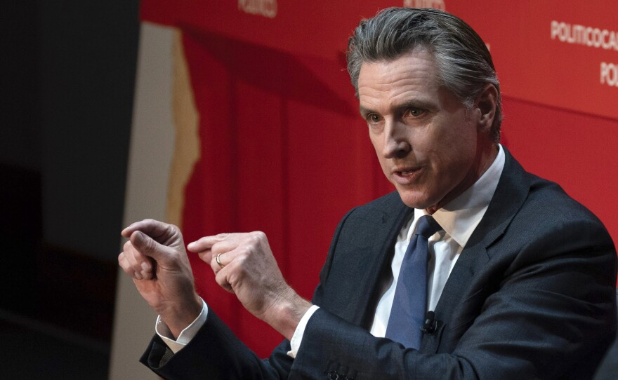 California Gov. Gavin Newsom speaks during an interview with Politico in Sacramento, Calif., Tuesday, Sept. 12, 2023. Newsom said the state will intervene in an ongoing federal court case that has barred San Francisco from cleaning up homeless encampments.