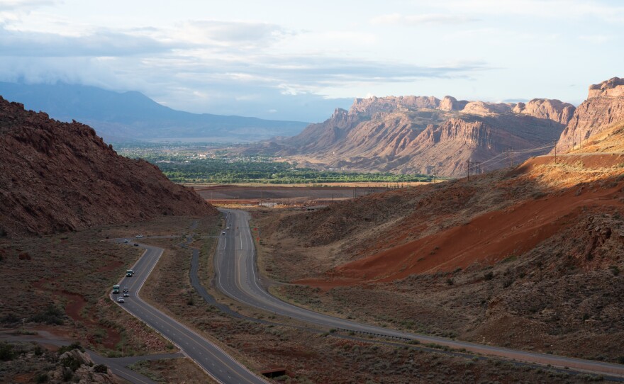 Moab, which can be seen from Arches National Park, was once held up as a national model for how to reinvent an economy based on tourism and recreation.