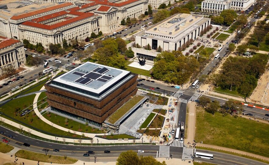 The National Museum of African American History and Culture stands in the last open spot along the National Mall.