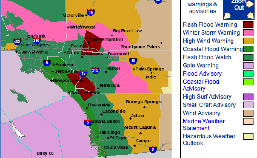 In this screen grab of the National Weather Service map dated Feb. 28, 2014, maroon indicates the northern region of Oceanside is under a flash flood warning. 