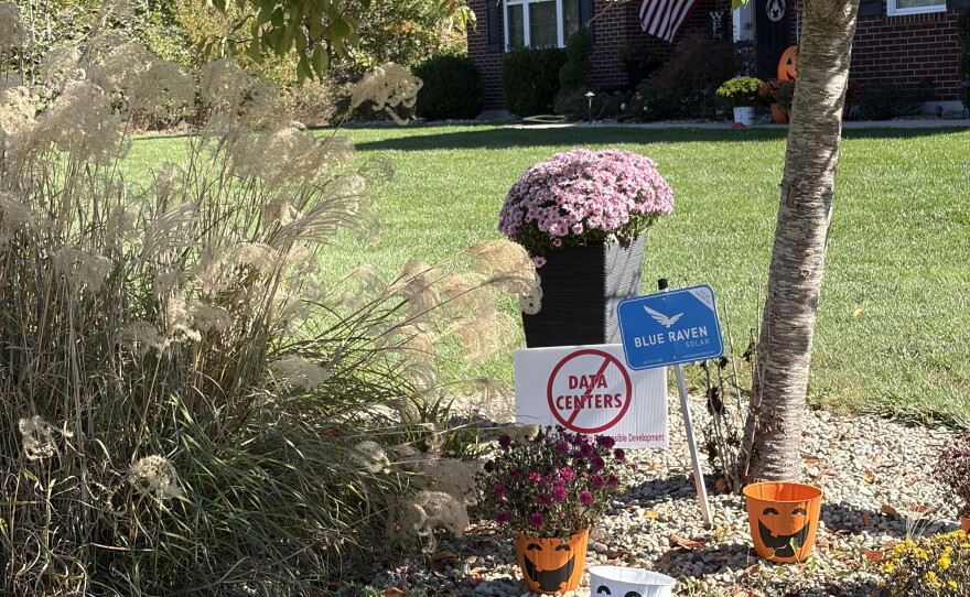 Signs opposing data centers outnumber campaign signs in a neighborhood in Mt. Orab, Ohio.