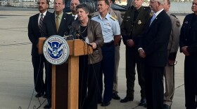 Secretary of Homeland Security Janet Napolitano answers questions after meeting afternoon with state and local officials at the U.S. Coast Guard District Maritime Unified Command.
