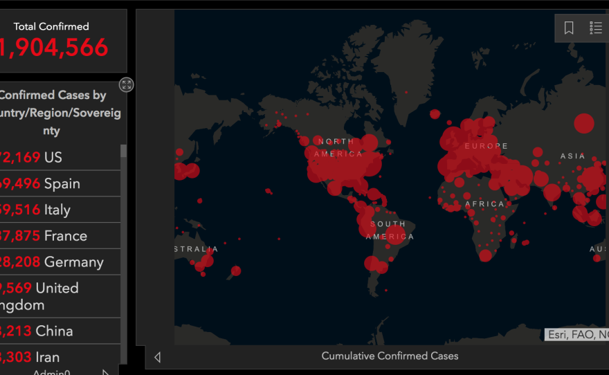 The interactive, web-based dashboard created by Johns Hopkins University in Baltimore, Md., as seen on Monday at 3:11 p.m. ET.