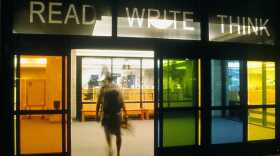 John Baldessari's "READ/WRITE/THINK/DREAM" at the entrance to the Geisel Library at UCSD. This piece is part of the university's Stuart Collection of public art. 