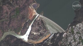 A satellite image released by DigitalGlobe and taken by DigitalGlobe's WorldView-4 satellite shows an overview of the Oroville Dam in Oroville, Calif, Feb. 14, 2017. 