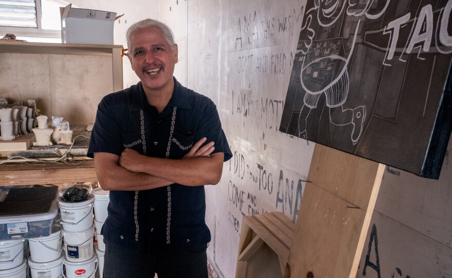 Artist Hugo Crosthwaite is shown in his Rosarito studio in an undated photo.