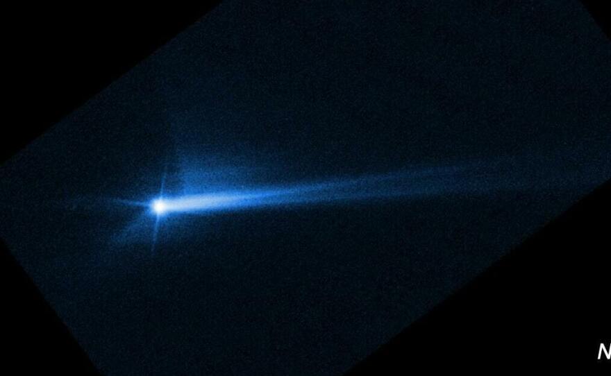 This imagery from NASA's Hubble Space Telescope shows the debris blasted from the surface of Dimorphos 285 hours after NASA's DART spacecraft smashed into the asteroid's surface.