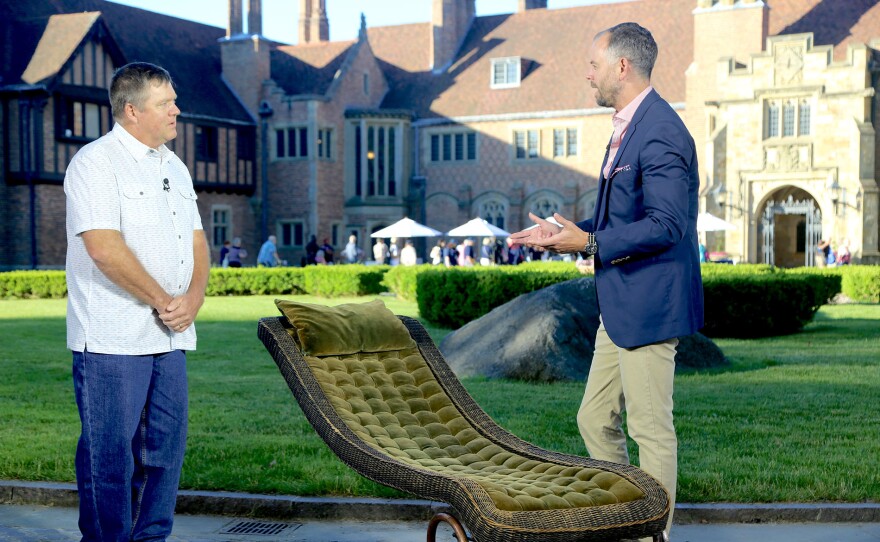 Sebastian Clarke (right) appraises a Comfort Furniture Co. chaise longue, ca. 1900, in Rochester, Mich. ANTIQUES ROADSHOW “Never Seen That Before!” airs Monday, May 12 at 8/7C PM on PBS.