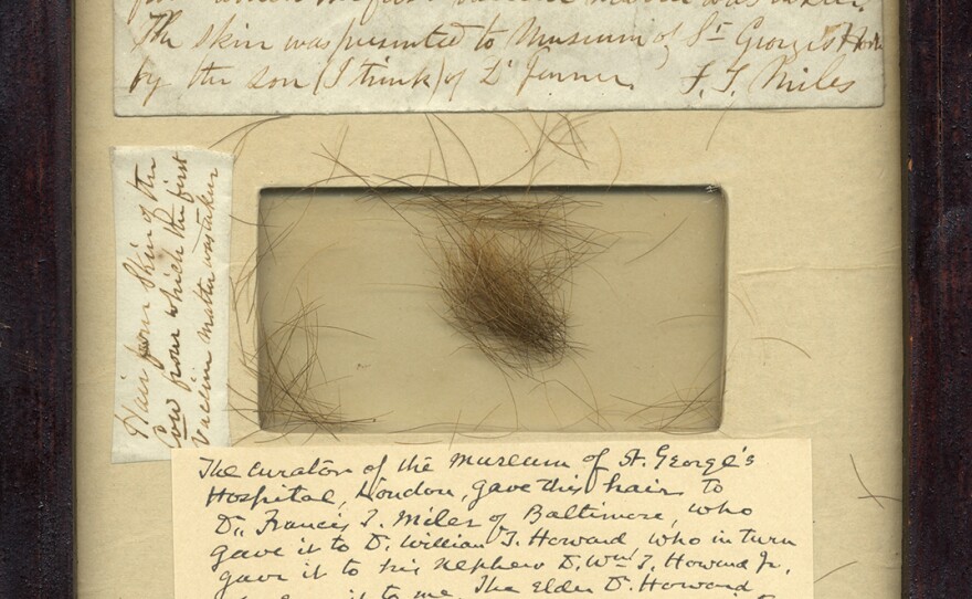 In the center of this wooden frame are clippings of the hair of the cow named "Blossom," the source of the cowpox used by Dr. Edward Jenner in his work on the smallpox vaccine.