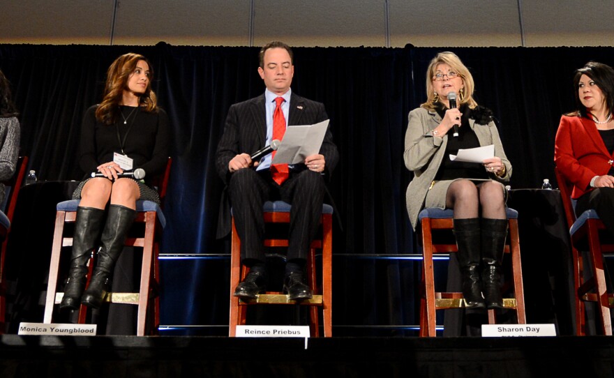 Republican National Committee Chairman Reince Priebus and RNC Co-Chair Sharon Day (third from right) introduce the group's latest "rising stars" Thursday in Washington: Alison Howard (from left), Chelsi P. Henry, Monica Youngblood, Kimberly Yee and Alex Smith.