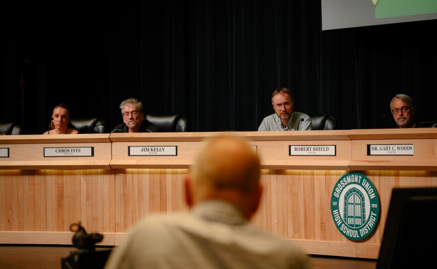 From left, Grossmont Union High School District governing board trustees Ava Hersch, Chris Fite, Scott Eckert and Robert Shield listen to a speaker discuss the Christian nationalist activist Charlie Kirk during a meeting at Grossmont High School in El Cajon, California on October 9, 2025.