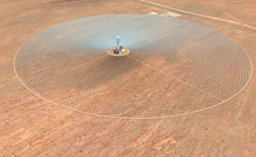 <p>An artist rendering released by SolarReserve shows what will be the Crescent Dunes Solar Energy Project, a solar generating facility that is being constructed northwest of Tonopah, Nev. CEO Kevin Smith says his project isn't a risky investment for taxpayers.</p>