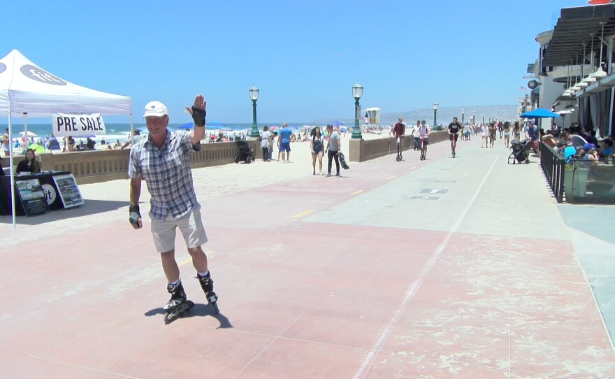 John Cole, a San Diego resident roller blades at Mission Beach on July 1, 2019.